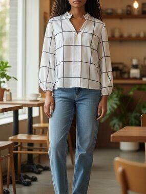Windowpan Plaid Notched white Neck Blouse With black grid pattern